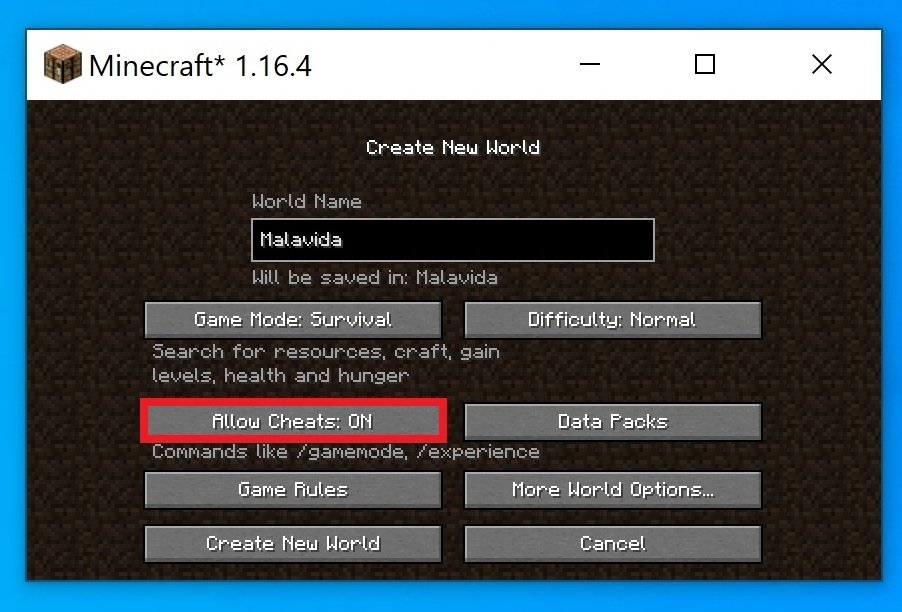 Create a new world with the cheats enabled