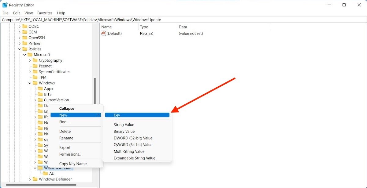 Crear clave AU dentro de Windows Update