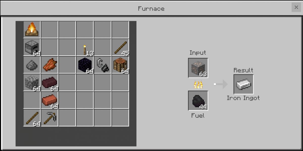 Creating an iron ingot smelting an ore with coal