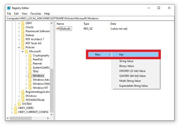 Creation of a new folder in the registry