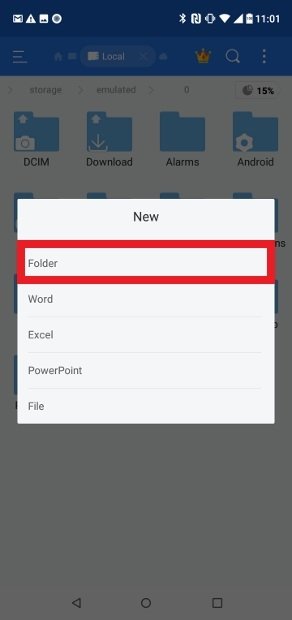 Creation of a new folder with ES File Explorer