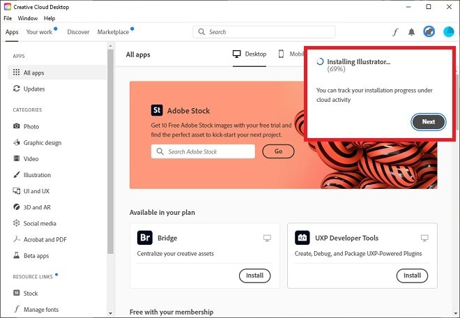 Creative Cloud instalando Illustrator