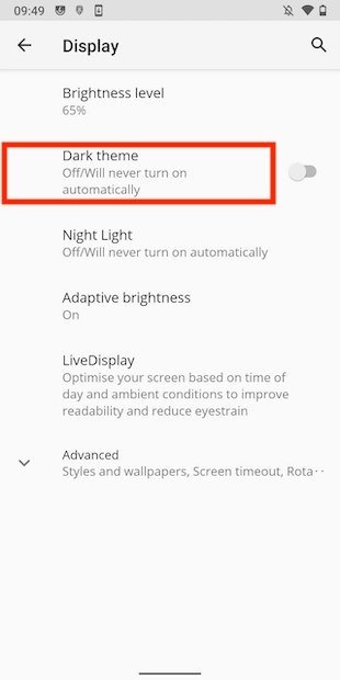 Dark theme settings on Android