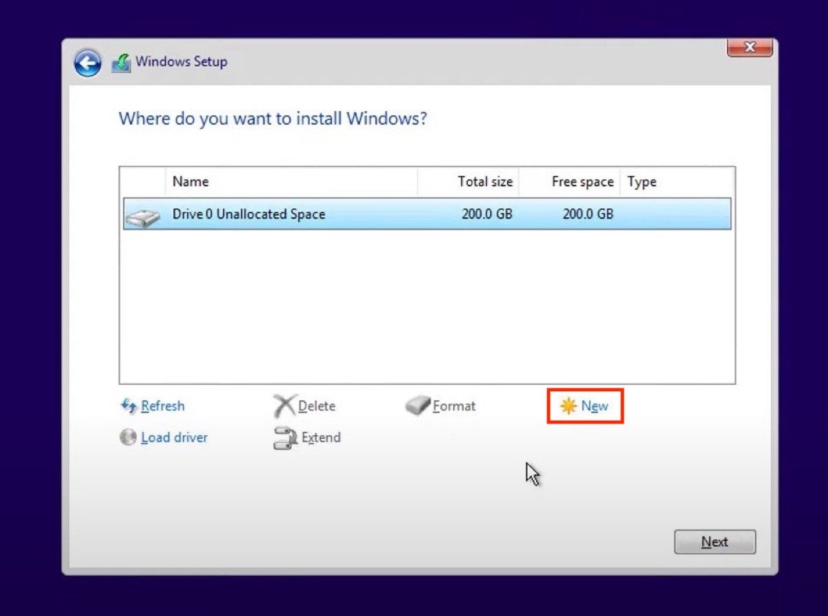 Delete partitions and create a new one to install Windows 11