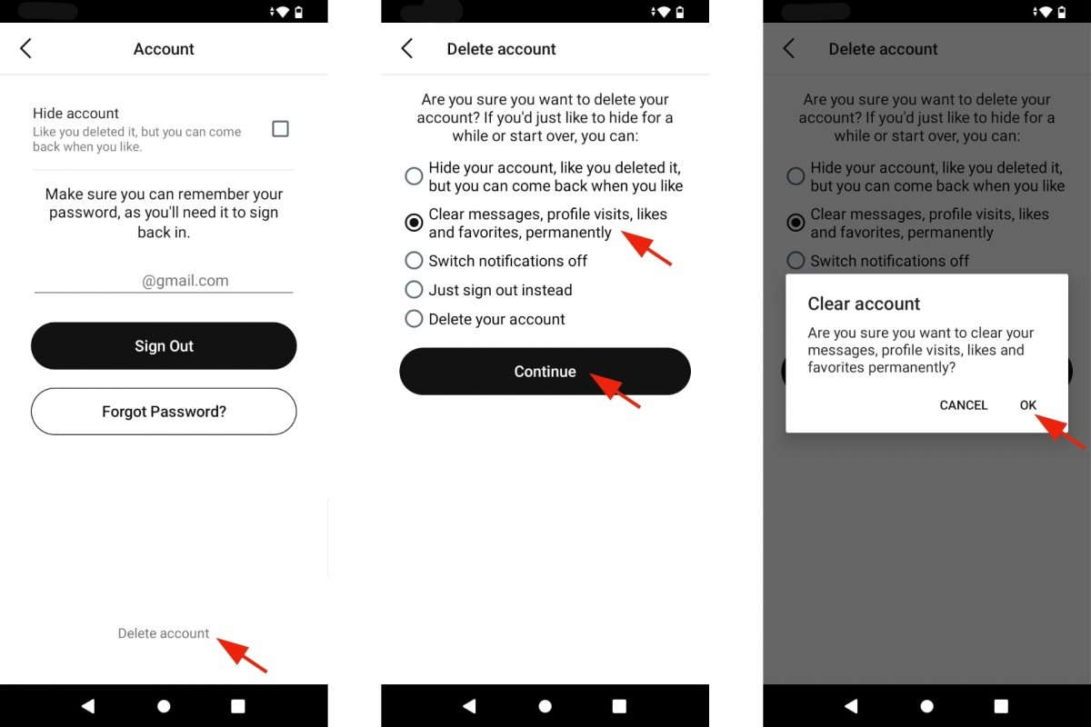 Удаление данных учетной записи Badoo на Android