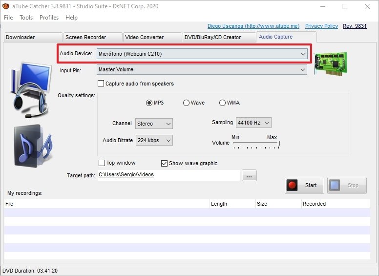 Dispositivo con el que se realiza la captación de audio