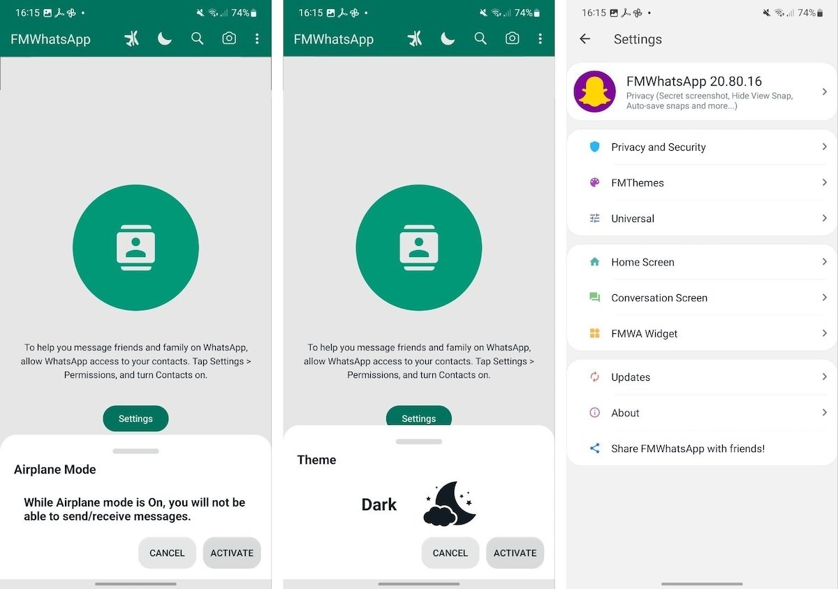 Diverses fonctions et menus de FMWhatsApp