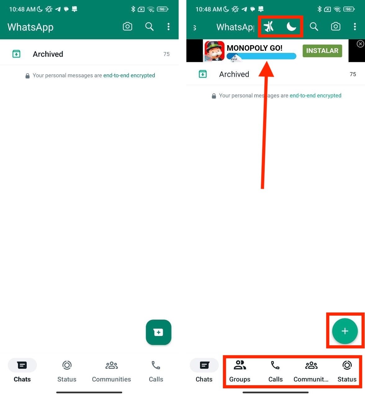 Diferenças na tela principal entre WhatsApp e WhatsApp Plus