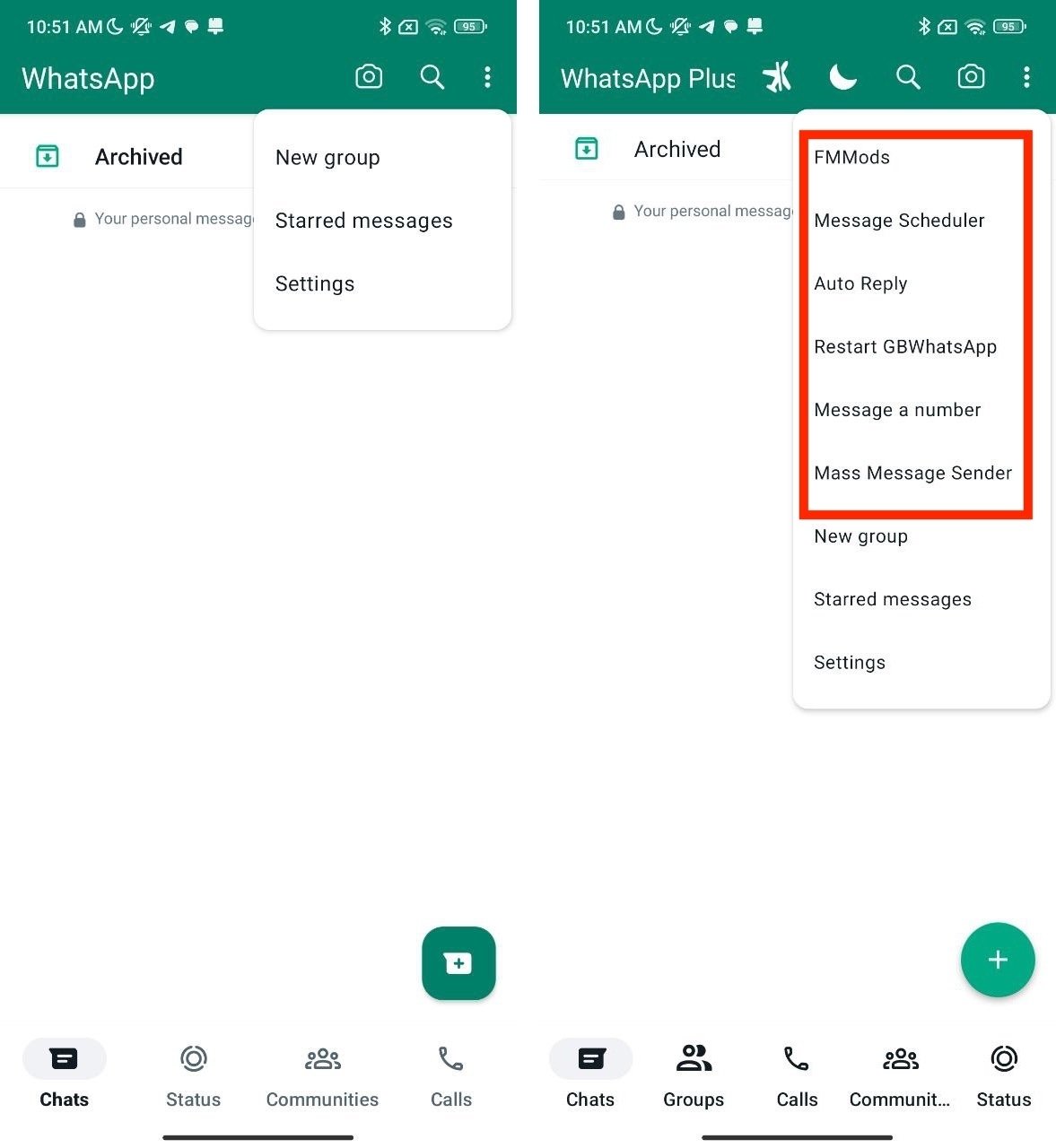 Diferenças no menu principal do WhatsApp e do WhatsApp Plus