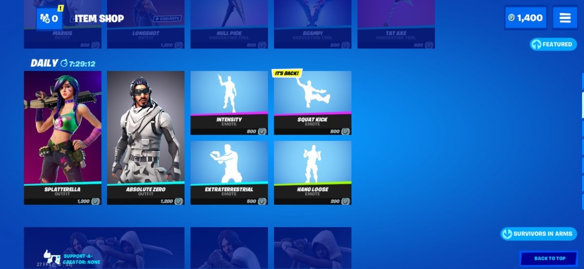 Diferentes complementos na loja de Fortnite