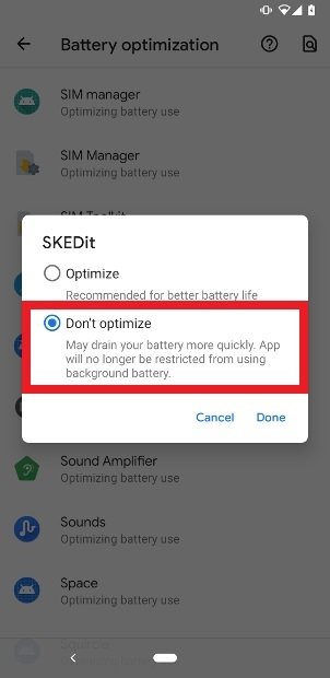 Deshabilita la optimización de batería de SKEDit