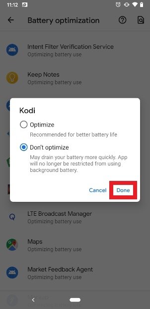 Отключите опцию оптимизации батареи для Kodi