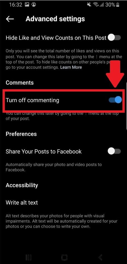 Disable the publication’s comments on Instagram