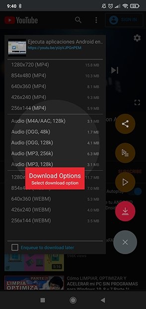 Menú desplegable con las opciones de descarga del vídeo