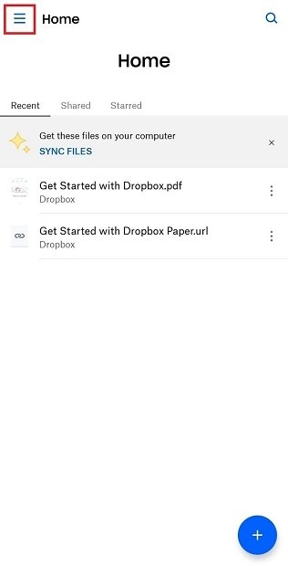 Menú lateral de Dropbox en Android