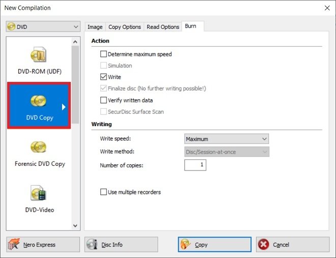 Opciones de copia de DVD