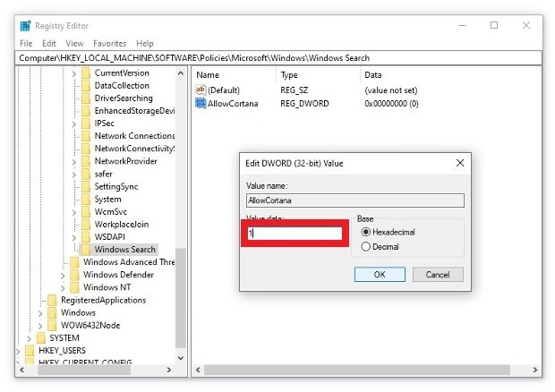 Edita los valores de AllowCortana