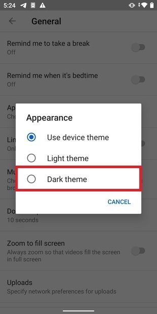 Activar tema oscuro en YouTube