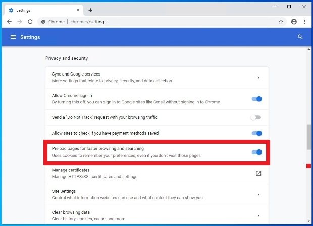 Chromeでページのプリロードを有効にする