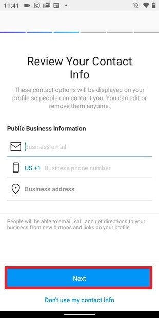 Enter the business contact details