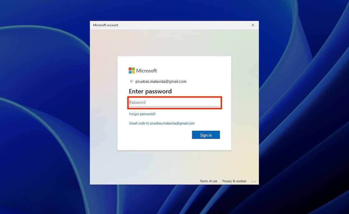 Inserire password dell'account Microsoft
