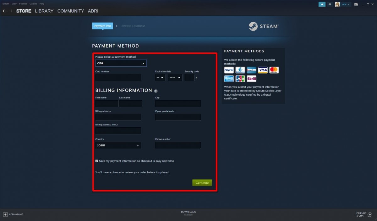 Introducimos nuestros datos bancarios y pulsamos en Continue