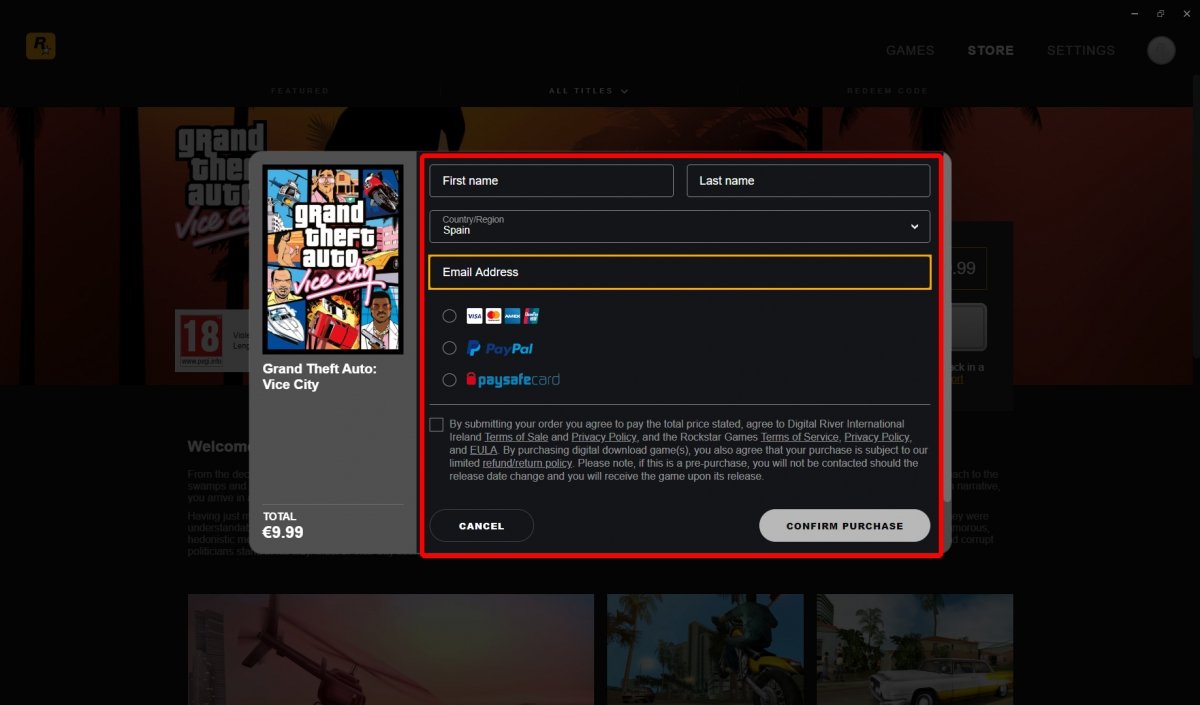 Introducimos nuestros datos y clicamos en Confirm Purchase