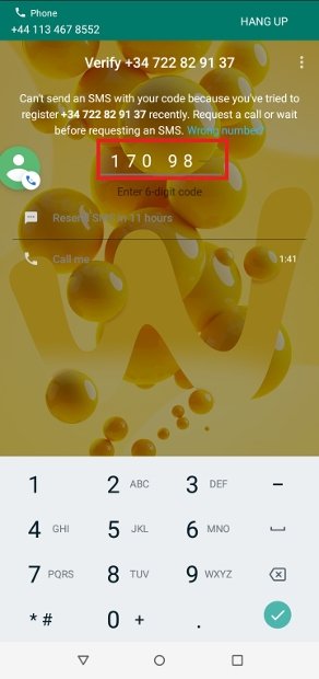 Entering the verification code of WhatsApp Transparent’s number by means of an incoming call