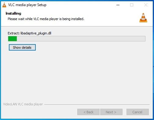 Progresso della procedura di installazione di VLC