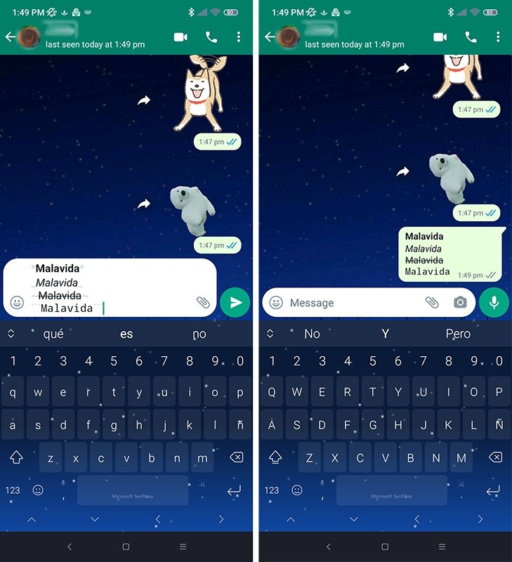 Exemplos dos diferentes formatos de texto que o WhatsApp suporta