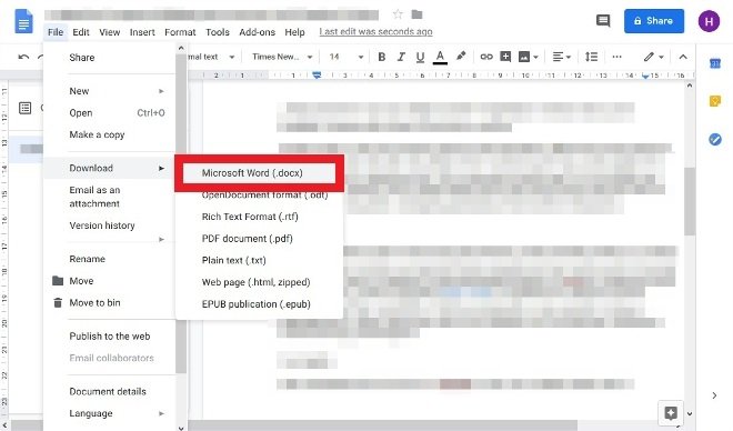 Export the Google Docs file to Word format