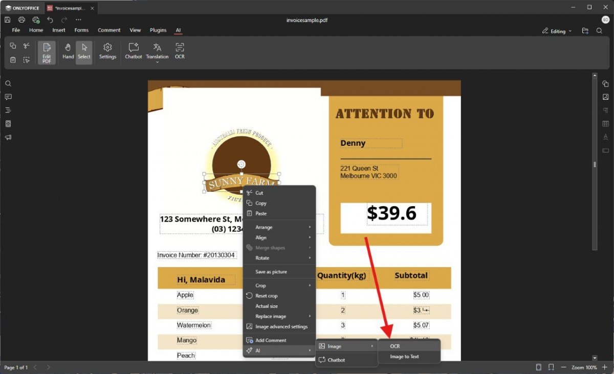 Extraia texto com o OCR baseado em IA do OnlyOffice diretamente de uma imagem