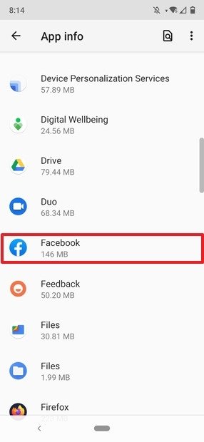 Facebook nel menù Applicazioni di Android