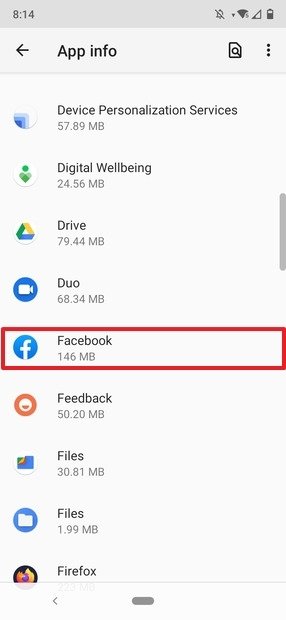 Facebook en el menú Aplicaciones de Android