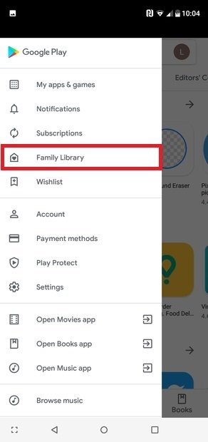 Familienbibliothek im Menü von Google Play