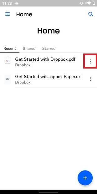 Menu des fichiers dans Dropbox