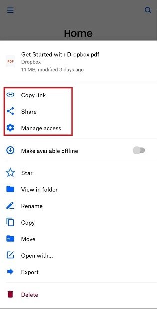 Options de partage de fichiers dans Dropbox