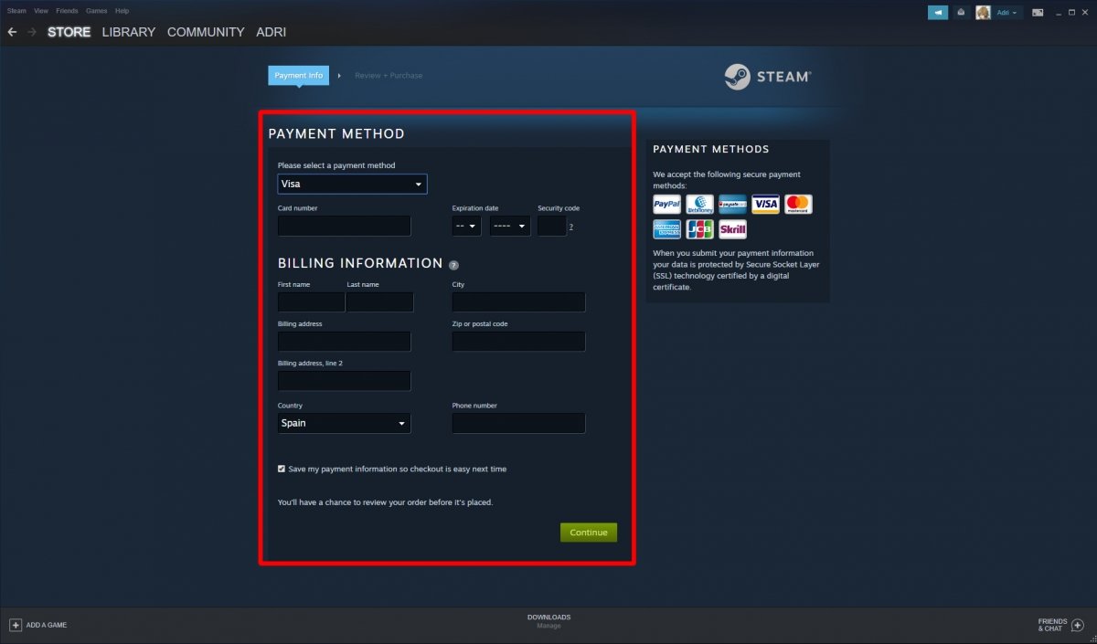Nous remplissons nos informations de paiement et cliquons sur Continuer