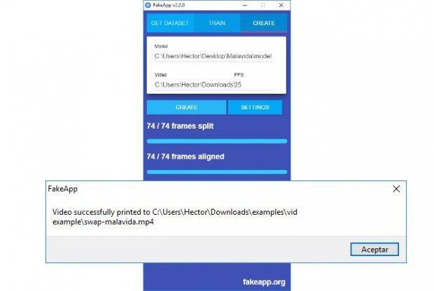 Proceso final de creación de vídeo con FakeApp