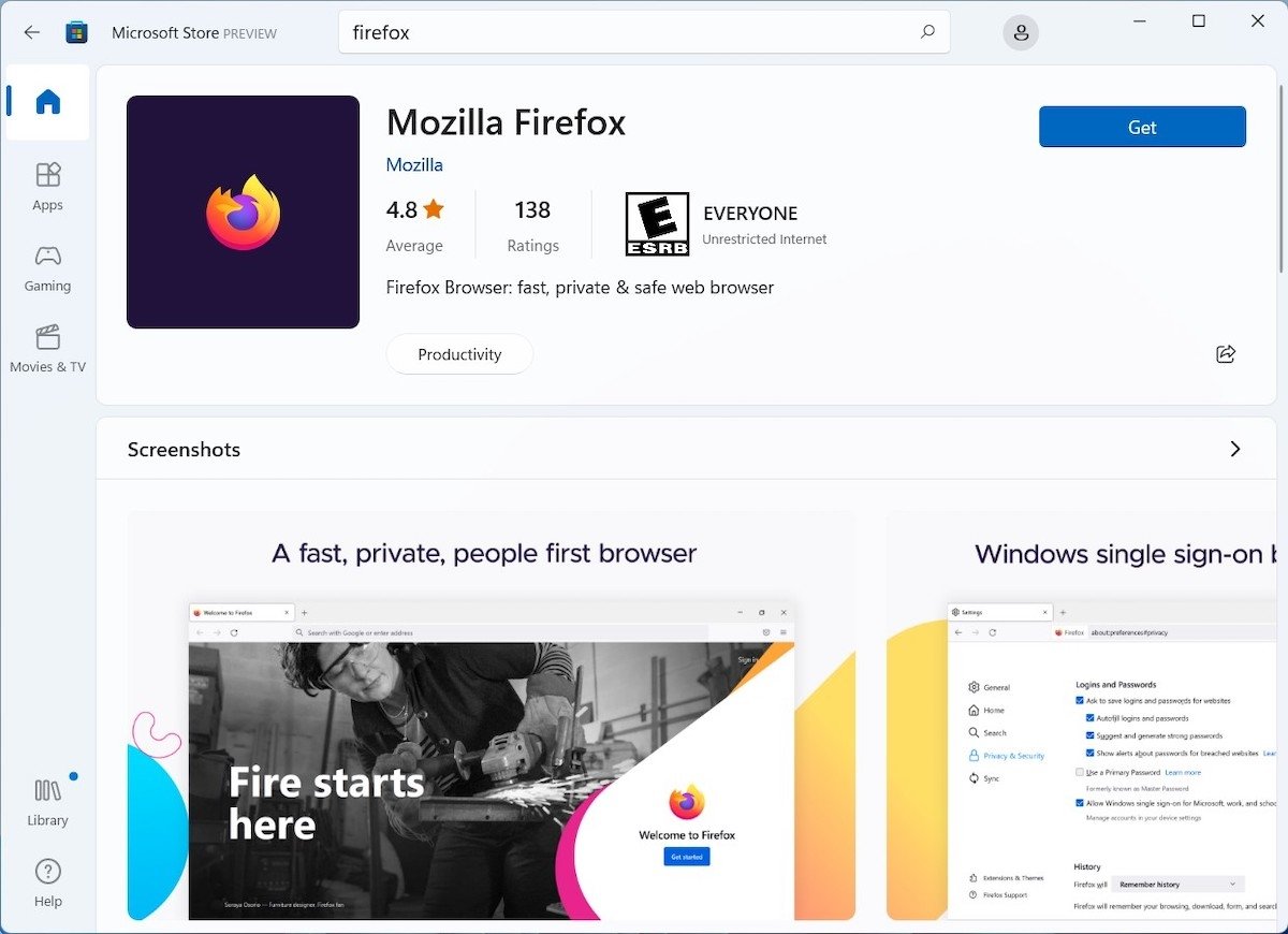 Firefox nell'app store di Microsoft