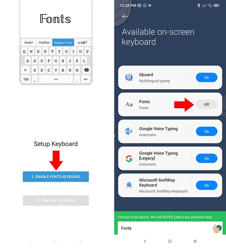 First steps in the Fonts app to change the font type on an Android phone