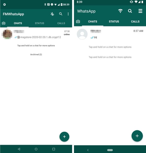 L’interfaccia di FMWhatsApp e GBWhatsApp l’una di fronte all’altra