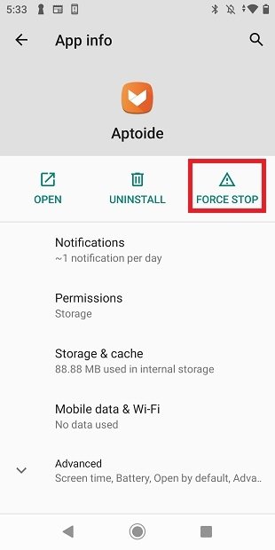 Force Aptoide to stop