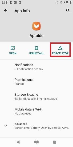 Forcer I‘arrêt d'Aptoide