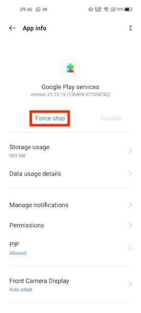 Force stop of Google Play Services