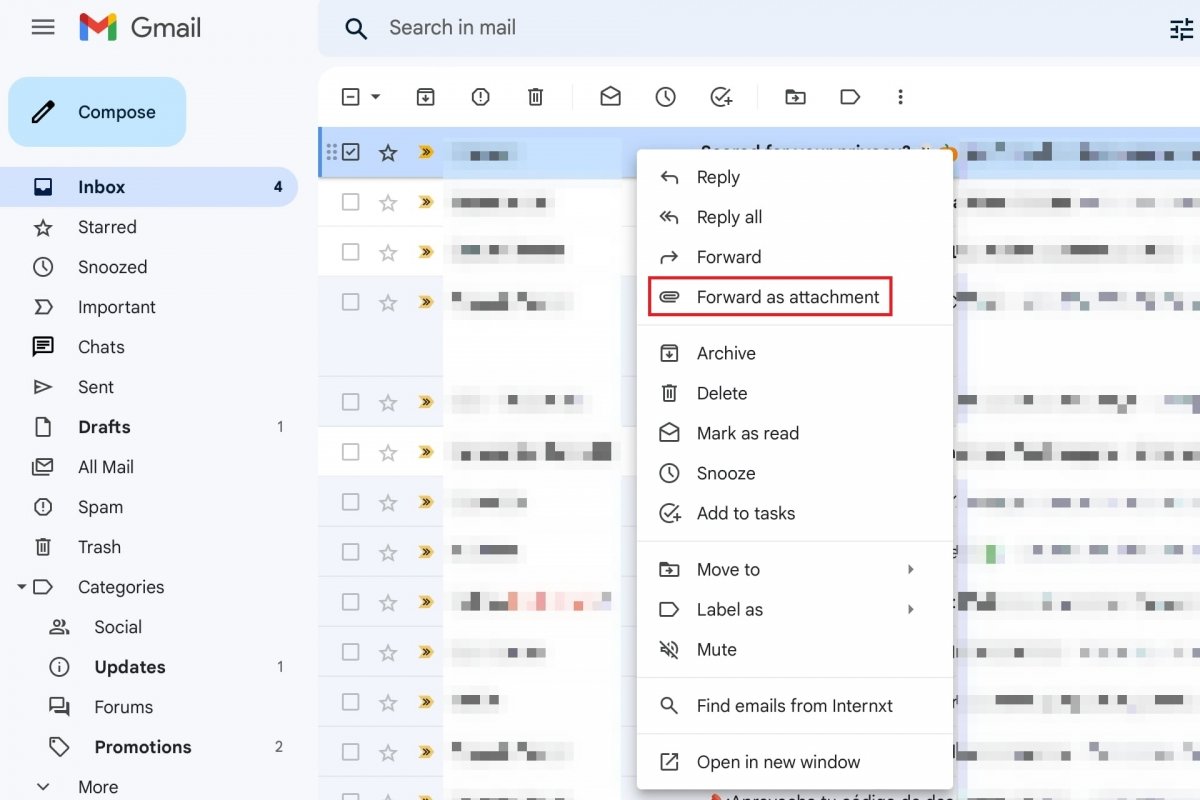 Reenviar correo como archivo adjunto en Gmail