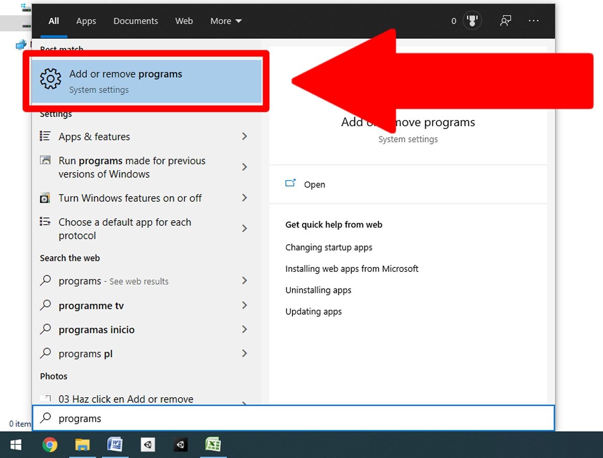 Desde el menú inicio escribe programs y pincha en Add or remove programs