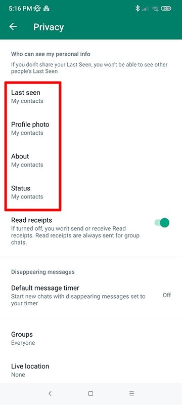 No menu de privacidade do WhatsApp, podemos escolher os usuários que veem as informações pessoais