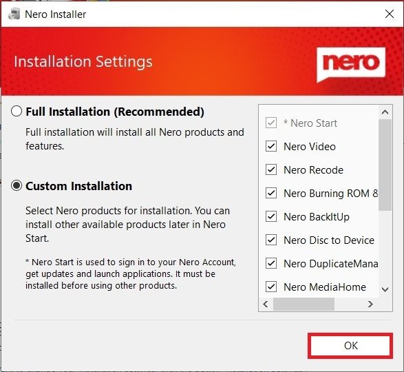 Full or partial Nero installation