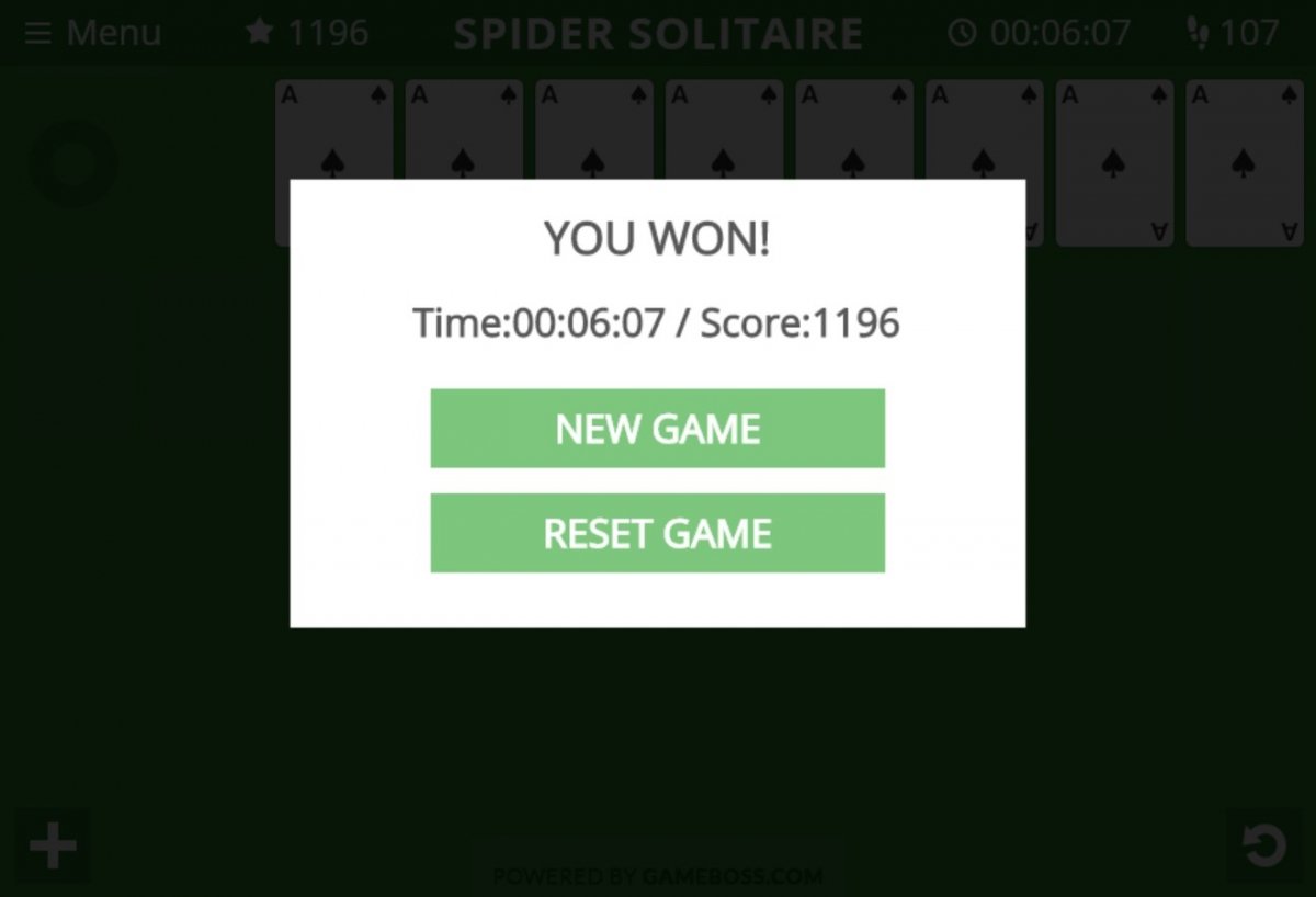 Partida ganada y puntuación obtenida en Solitario Spider Online